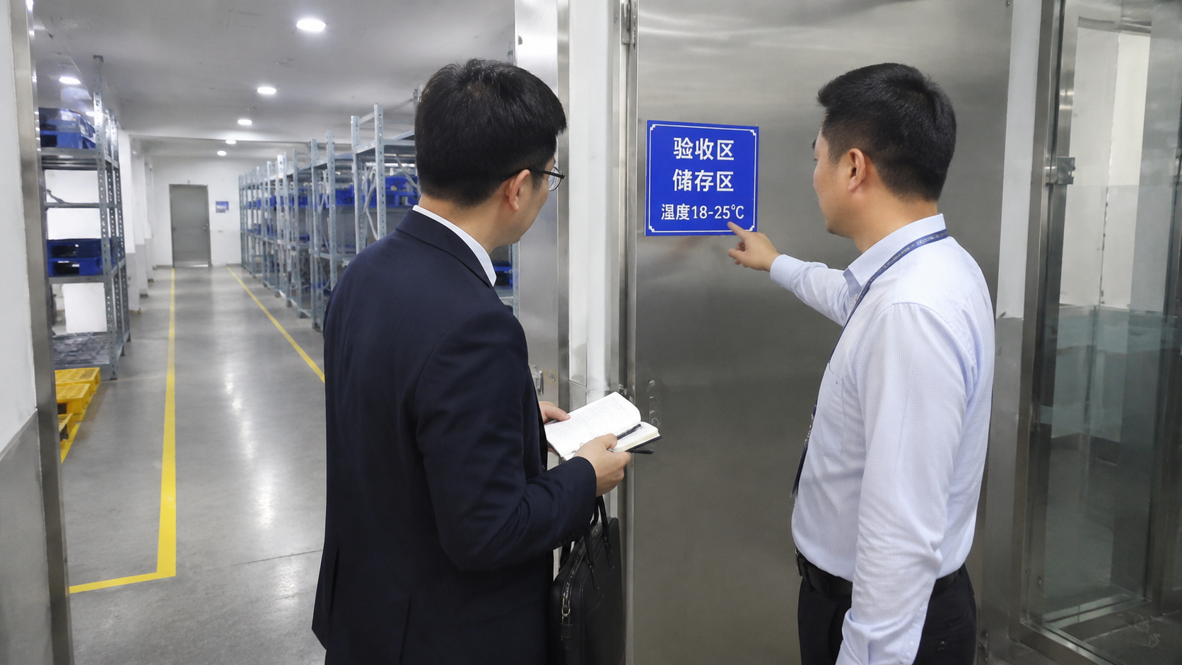 企业负责人与园区运营人员在标准化仓储区门口确认分区标识