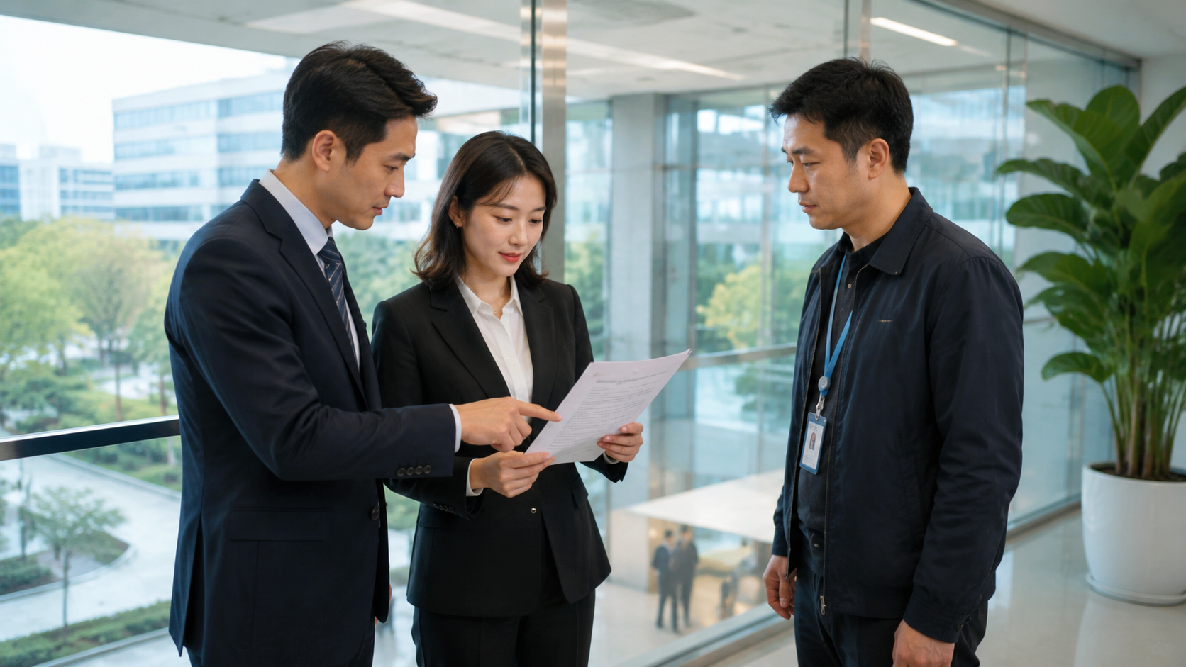 企业团队代表与园区运营人员站在会议室外走廊,逐条阅读服务协议