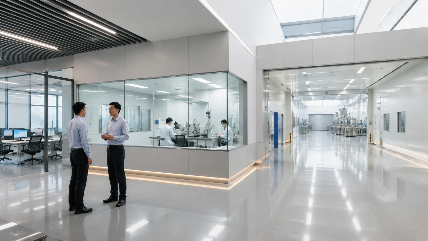 中国医疗科技产业园通用示意中,办公区、研发区和生产区通过室内动线形成清晰的功能分区