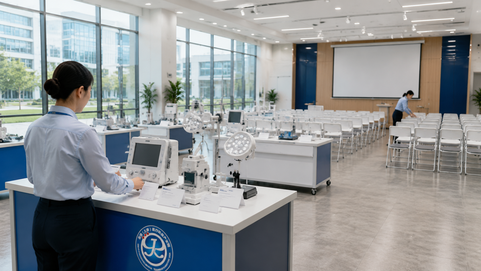 医疗科技园通用会议展示空间中,工作人员正在布置简洁的产品交流活动现场